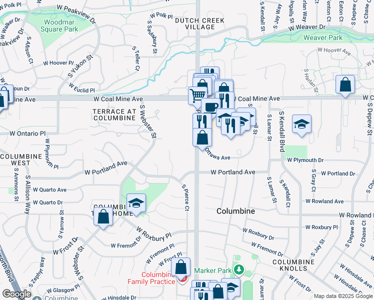 map of restaurants, bars, coffee shops, grocery stores, and more near 6901 South Pierce Street in Littleton