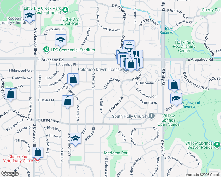 map of restaurants, bars, coffee shops, grocery stores, and more near 4782 East Costilla Avenue in Centennial
