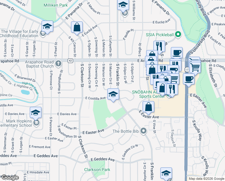 map of restaurants, bars, coffee shops, grocery stores, and more near 6835 South Marion Circle West in Centennial