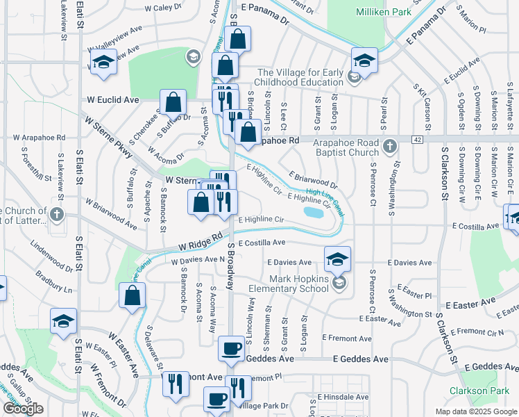 map of restaurants, bars, coffee shops, grocery stores, and more near 150 East Highline Circle in Centennial