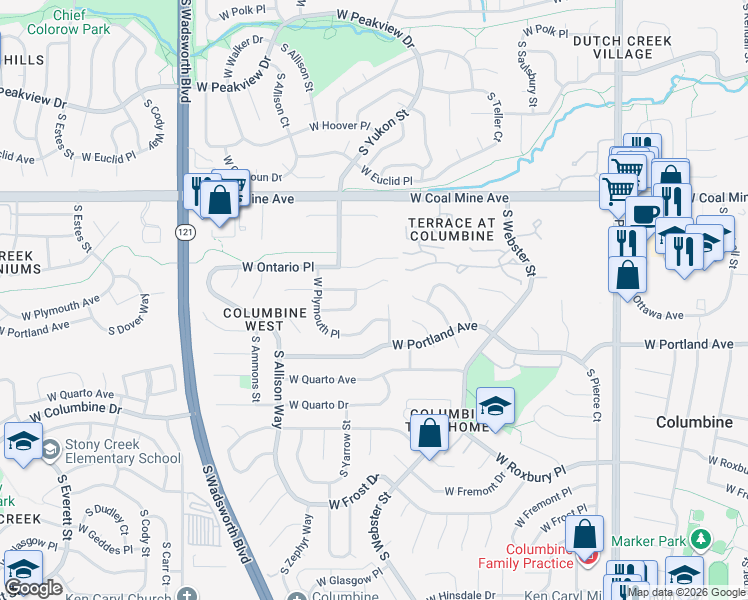 map of restaurants, bars, coffee shops, grocery stores, and more near in Littleton