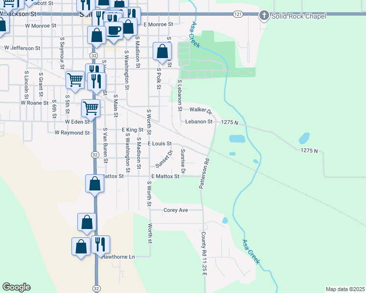 map of restaurants, bars, coffee shops, grocery stores, and more near 700 Sunshine Drive in Sullivan