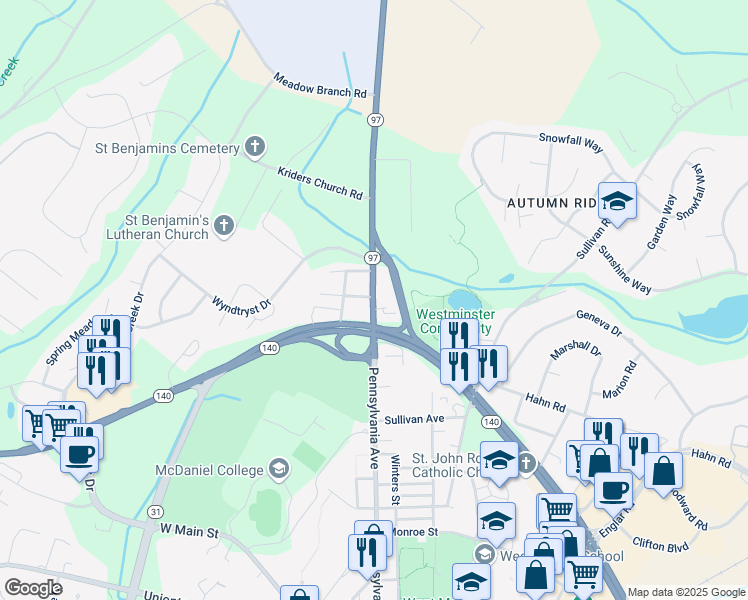 map of restaurants, bars, coffee shops, grocery stores, and more near 628 Littlestown Pike in Westminster
