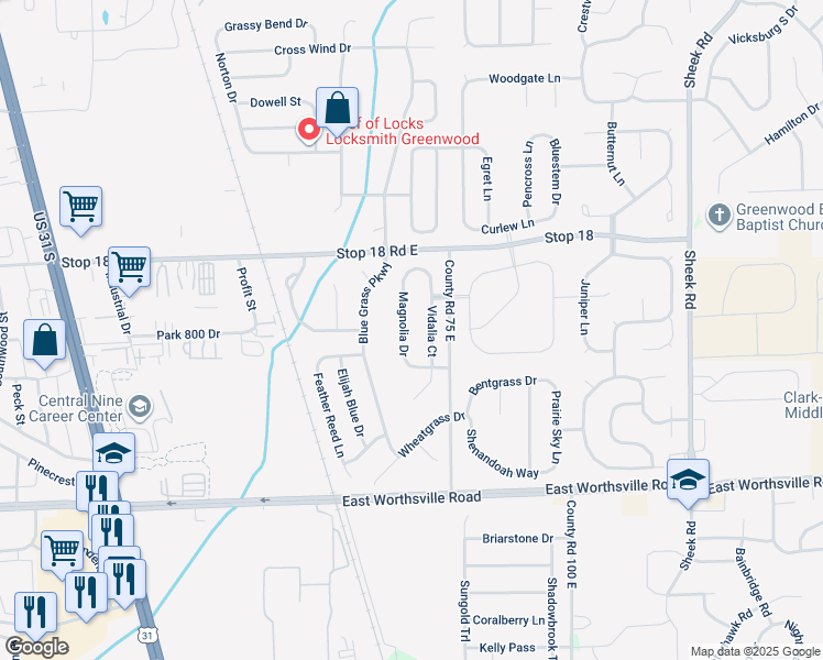 map of restaurants, bars, coffee shops, grocery stores, and more near 1681 Magnolia Drive in Greenwood