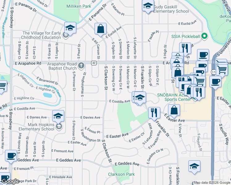 map of restaurants, bars, coffee shops, grocery stores, and more near 6831 South Downing Circle West in Centennial