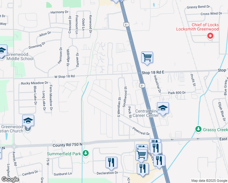 map of restaurants, bars, coffee shops, grocery stores, and more near 1735 Eastwood Street in Greenwood