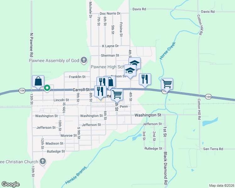 map of restaurants, bars, coffee shops, grocery stores, and more near 401-499 County Highway 28 in Pawnee