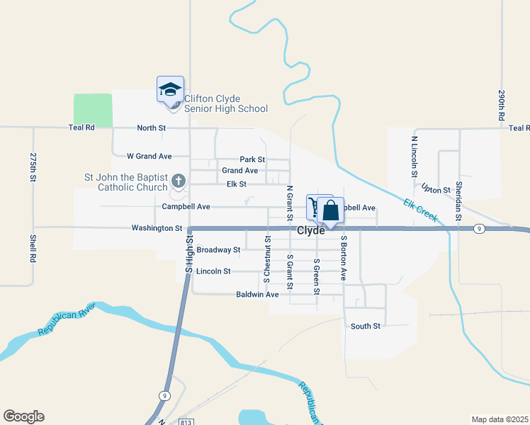 map of restaurants, bars, coffee shops, grocery stores, and more near 511 Campbell Avenue in Clyde