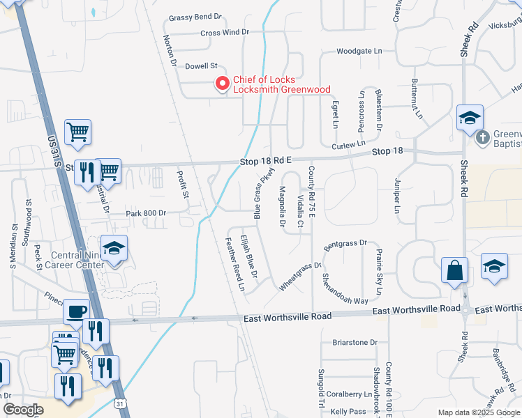 map of restaurants, bars, coffee shops, grocery stores, and more near 1681 Blue Grass Parkway in Greenwood