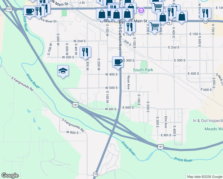 map of restaurants, bars, coffee shops, grocery stores, and more near 61 West 500 South in Price