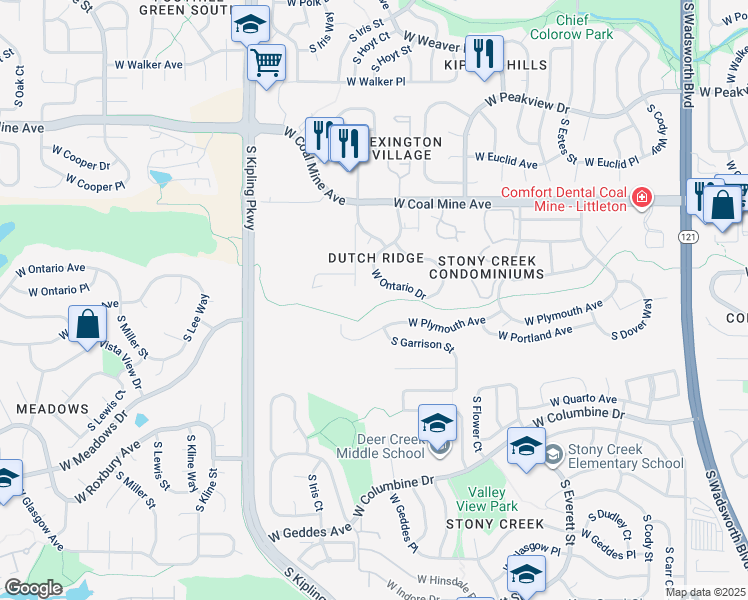 map of restaurants, bars, coffee shops, grocery stores, and more near 9426 West Ontario Drive in Littleton