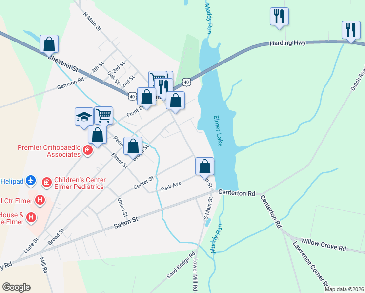 map of restaurants, bars, coffee shops, grocery stores, and more near 132 South Main Street in Elmer