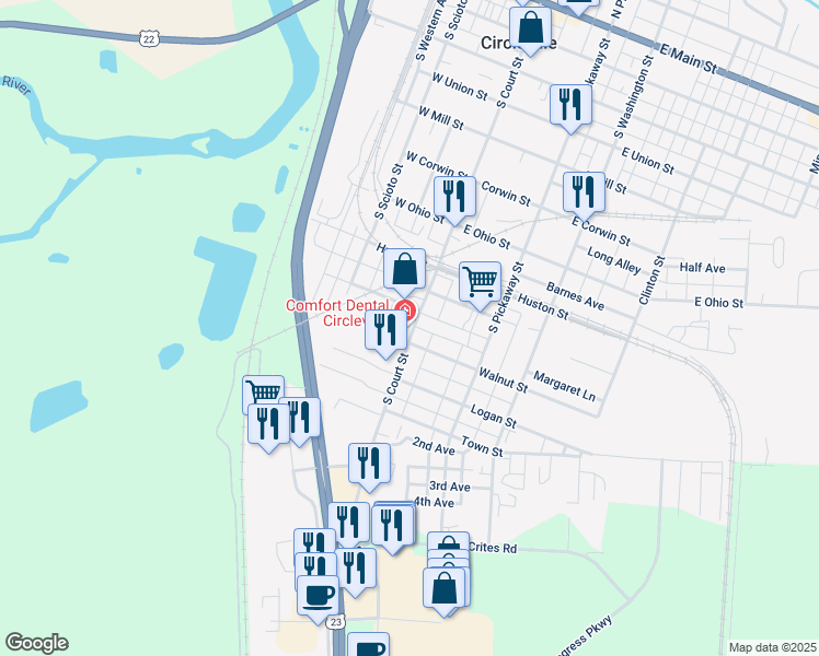 map of restaurants, bars, coffee shops, grocery stores, and more near 909 South Court Street in Circleville