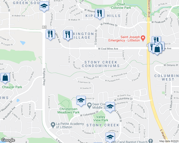 map of restaurants, bars, coffee shops, grocery stores, and more near 9352 West Ontario Drive in Littleton