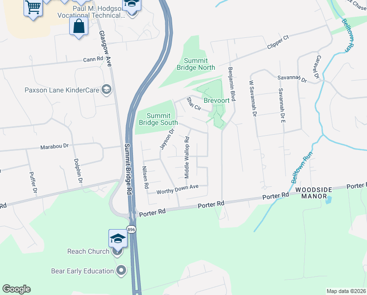 map of restaurants, bars, coffee shops, grocery stores, and more near 5 Hawkins Court in Bear