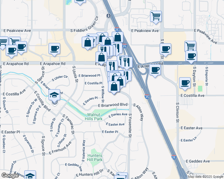map of restaurants, bars, coffee shops, grocery stores, and more near 6860 South Yosemite Street in Centennial
