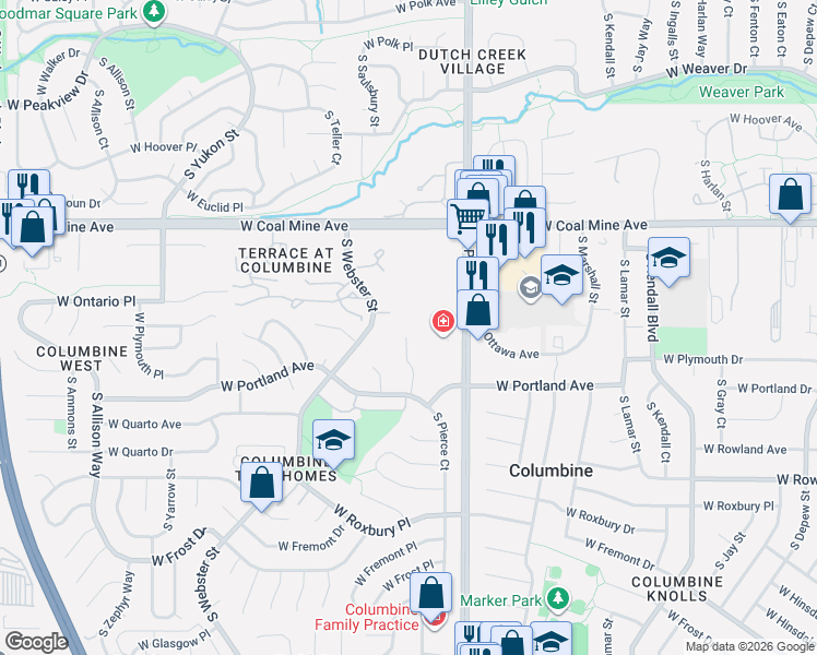 map of restaurants, bars, coffee shops, grocery stores, and more near 6800 South Reed Court in Littleton