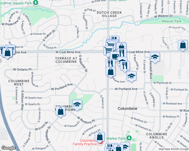 map of restaurants, bars, coffee shops, grocery stores, and more near 6800 S Reed Ct in Littleton