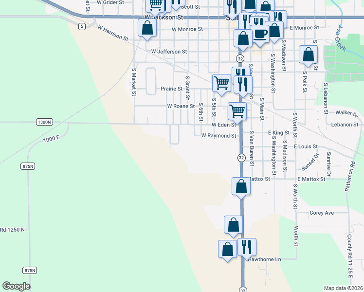 map of restaurants, bars, coffee shops, grocery stores, and more near 612 South Hope Lane in Sullivan