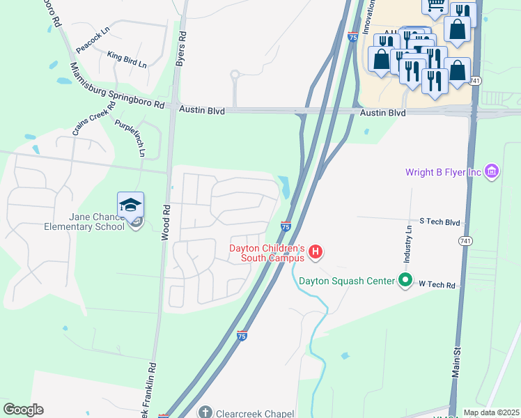 map of restaurants, bars, coffee shops, grocery stores, and more near 10656 Aldora Drive in Miamisburg