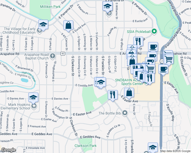 map of restaurants, bars, coffee shops, grocery stores, and more near 6835 South Marion Circle West in Centennial