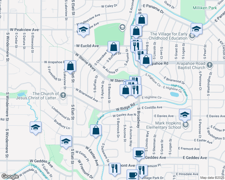 map of restaurants, bars, coffee shops, grocery stores, and more near 6810 South Bannock Street in Littleton