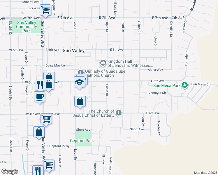 map of restaurants, bars, coffee shops, grocery stores, and more near 310 East 5th Avenue in Sun Valley