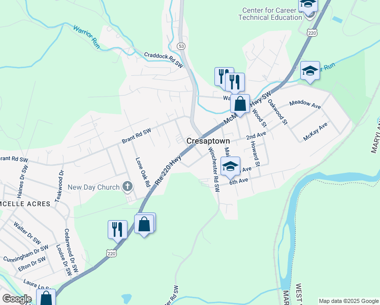 map of restaurants, bars, coffee shops, grocery stores, and more near 14811 McMullen Highway Southwest in Cresaptown
