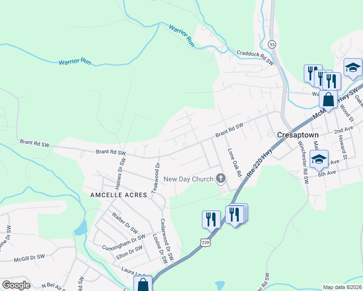 map of restaurants, bars, coffee shops, grocery stores, and more near 13809 Brant Road Southwest in Cresaptown