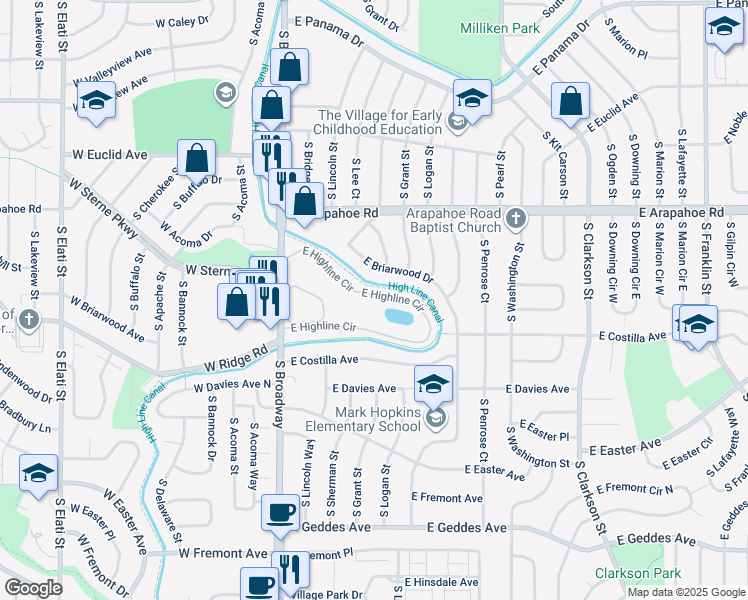 map of restaurants, bars, coffee shops, grocery stores, and more near 350 East Highline Circle in Centennial