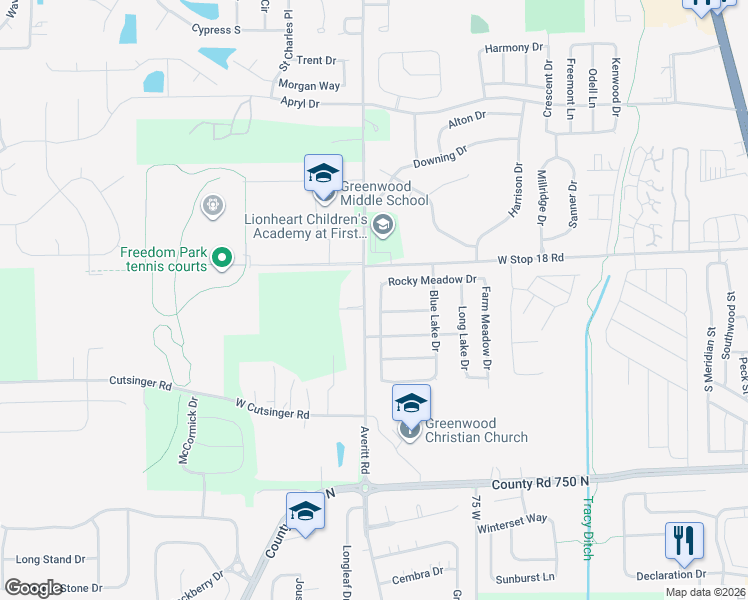 map of restaurants, bars, coffee shops, grocery stores, and more near 1700 Averitt Road in Greenwood
