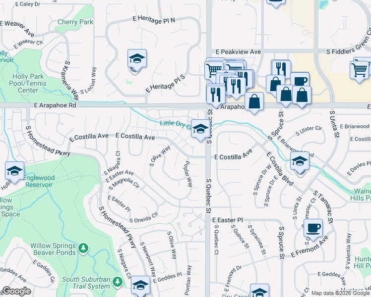 map of restaurants, bars, coffee shops, grocery stores, and more near 7161 East Briarwood Drive in Centennial