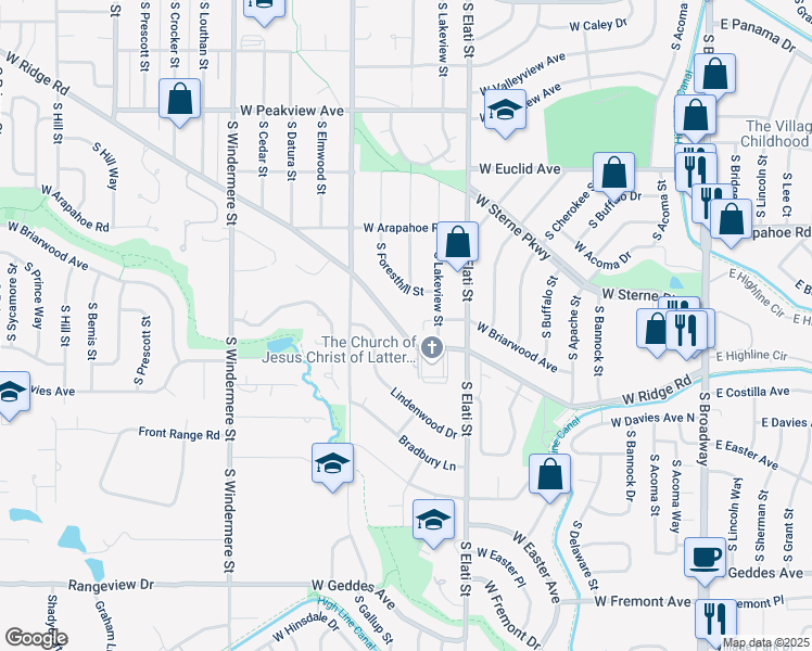 map of restaurants, bars, coffee shops, grocery stores, and more near 6885 South Foresthill Street in Littleton