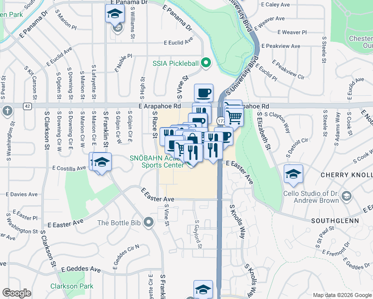 map of restaurants, bars, coffee shops, grocery stores, and more near 6851 South Gaylord Street in Centennial