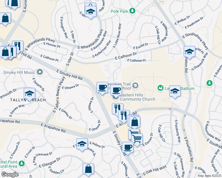 map of restaurants, bars, coffee shops, grocery stores, and more near 6835 South Langdale Street in Aurora