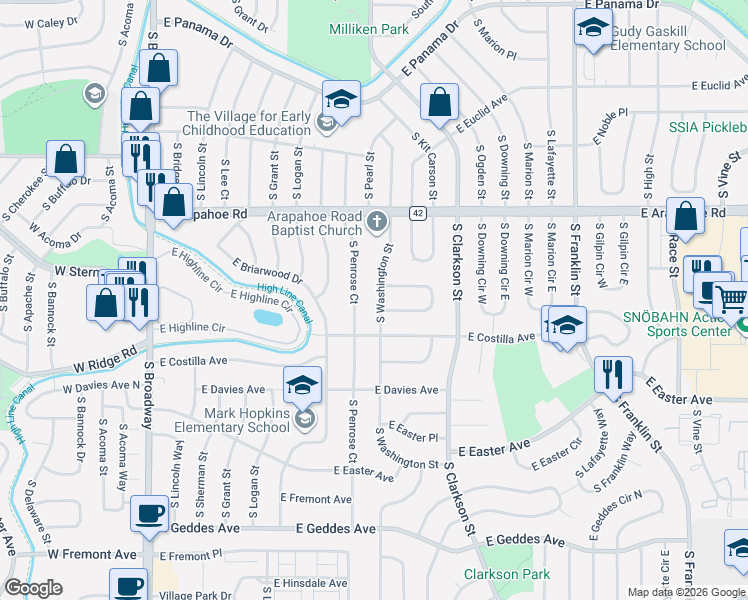 map of restaurants, bars, coffee shops, grocery stores, and more near 6890 South Penrose Court in Centennial