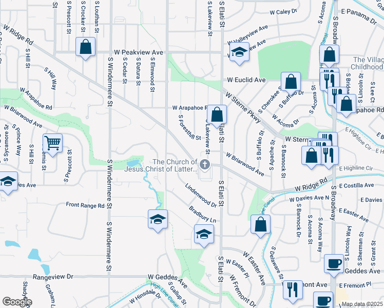 map of restaurants, bars, coffee shops, grocery stores, and more near 6885 South Foresthill Street in Littleton