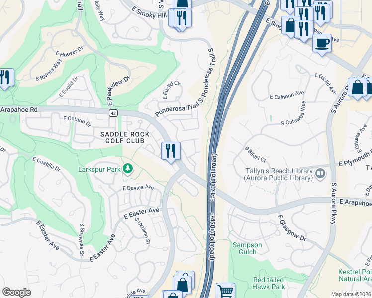 map of restaurants, bars, coffee shops, grocery stores, and more near 6850 South Versailles Way in Aurora