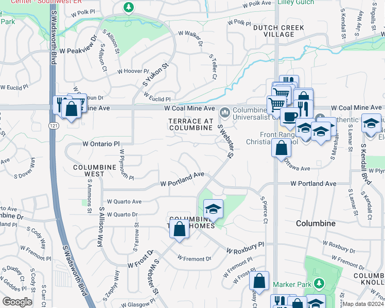 map of restaurants, bars, coffee shops, grocery stores, and more near 6882 South Webster Way in Littleton
