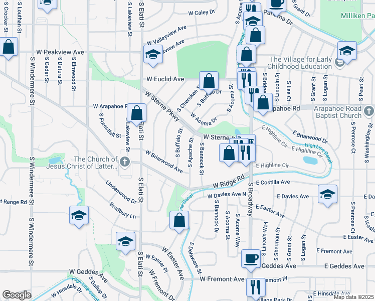 map of restaurants, bars, coffee shops, grocery stores, and more near 6965 South Apache Street in Littleton