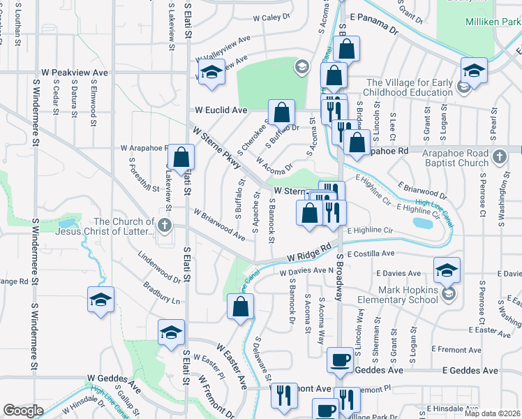 map of restaurants, bars, coffee shops, grocery stores, and more near 6810 South Bannock Street in Littleton