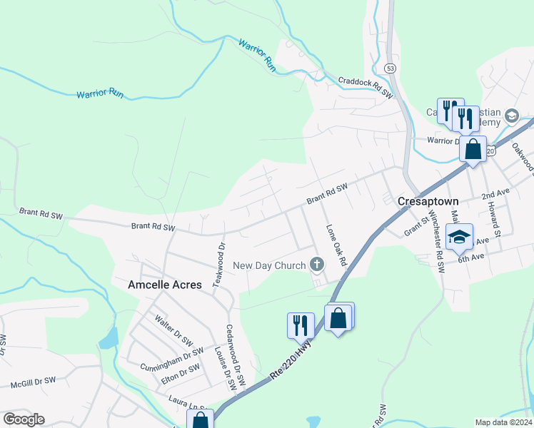 map of restaurants, bars, coffee shops, grocery stores, and more near 13809 Brant Road Southwest in Cresaptown