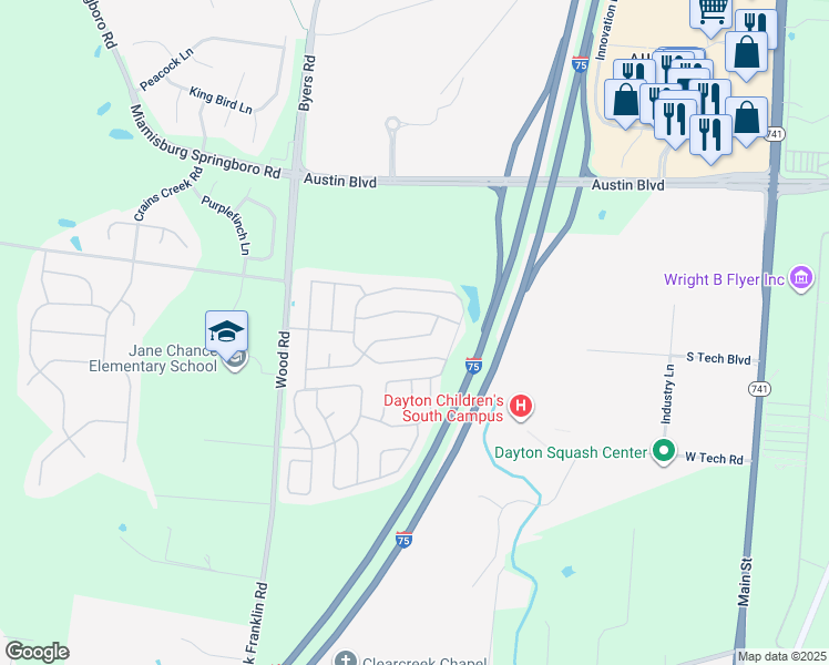 map of restaurants, bars, coffee shops, grocery stores, and more near 10621 Aldora Drive in Miamisburg
