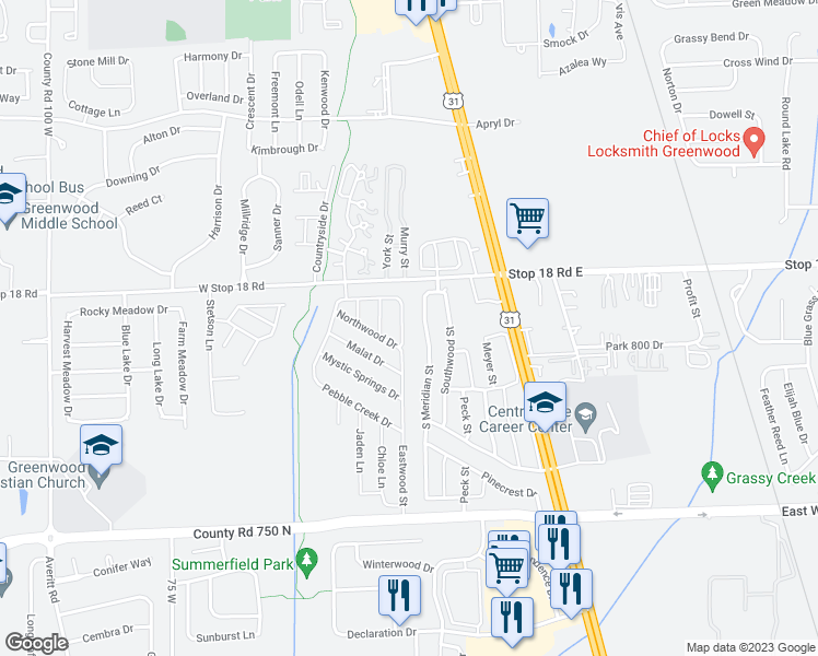 map of restaurants, bars, coffee shops, grocery stores, and more near 1711 Eastwood Street in Greenwood