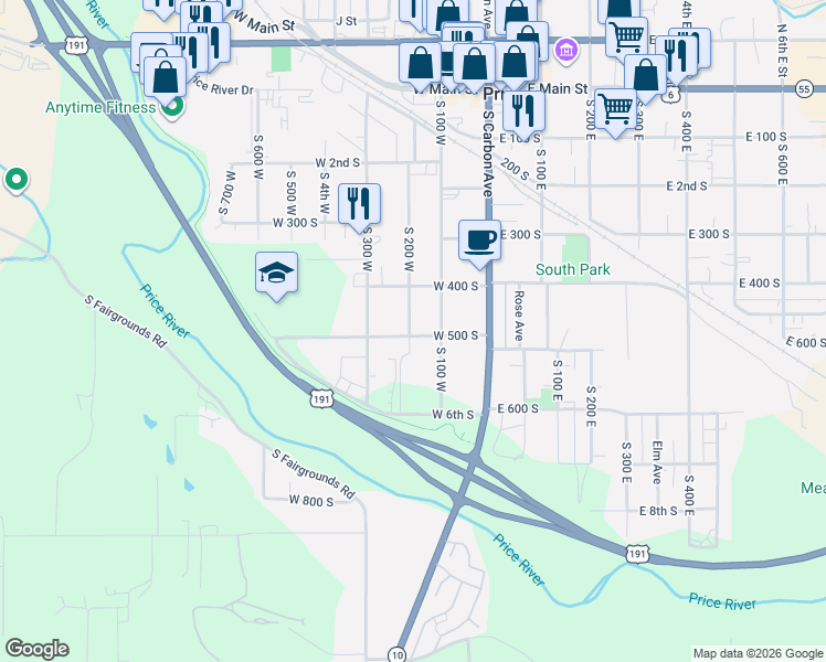 map of restaurants, bars, coffee shops, grocery stores, and more near 150 West 500 South in Price