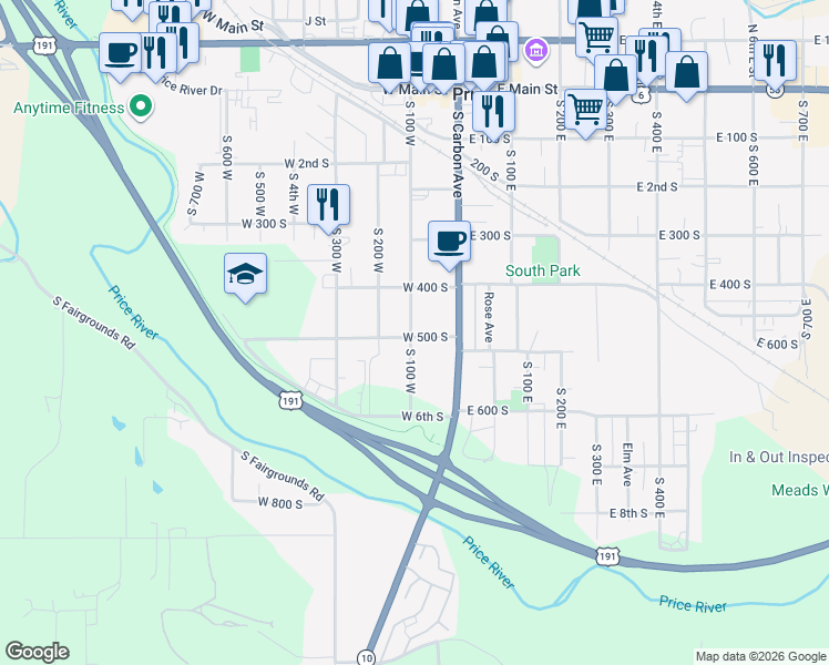 map of restaurants, bars, coffee shops, grocery stores, and more near 68 West 500 South in Price