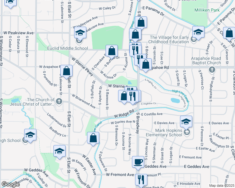 map of restaurants, bars, coffee shops, grocery stores, and more near 200 West Sterne Parkway in Littleton