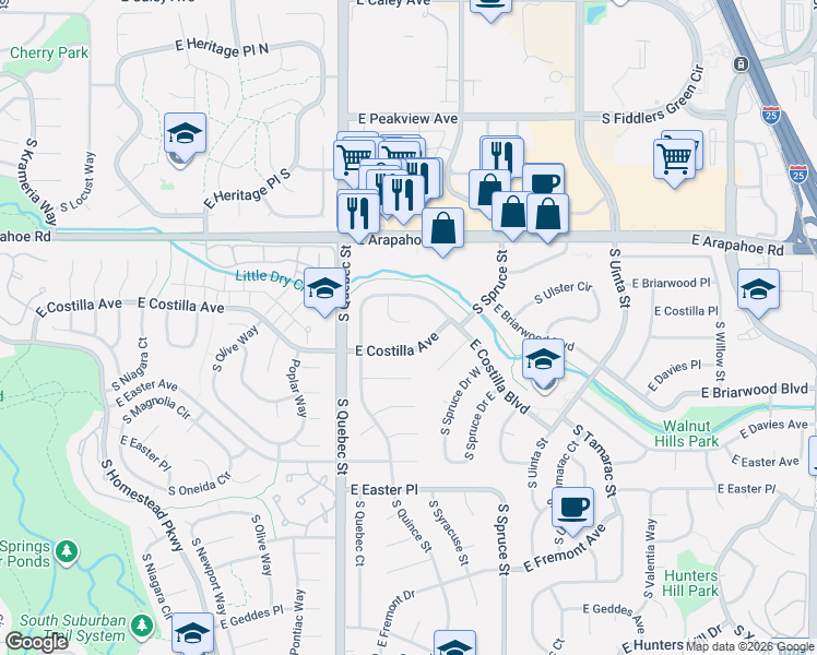 map of restaurants, bars, coffee shops, grocery stores, and more near 6898 South Roslyn Circle in Centennial