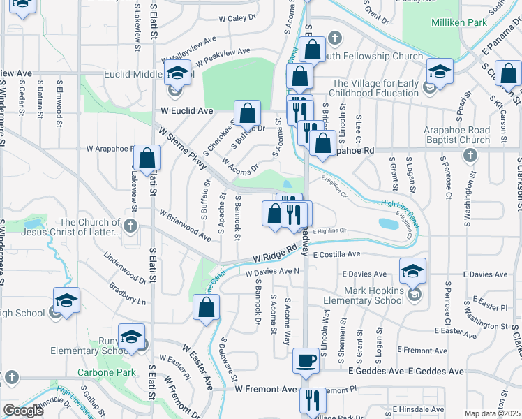 map of restaurants, bars, coffee shops, grocery stores, and more near 200 West Sterne Parkway in Littleton
