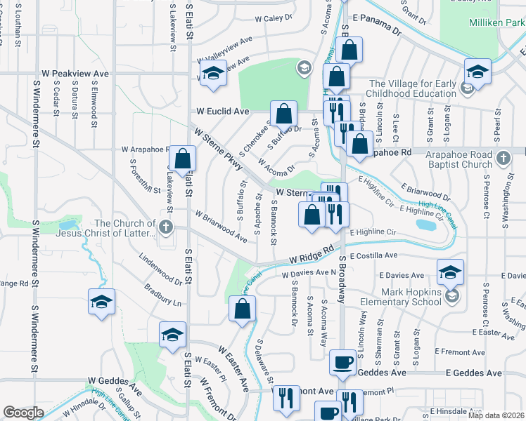 map of restaurants, bars, coffee shops, grocery stores, and more near 6810 South Bannock Street in Littleton